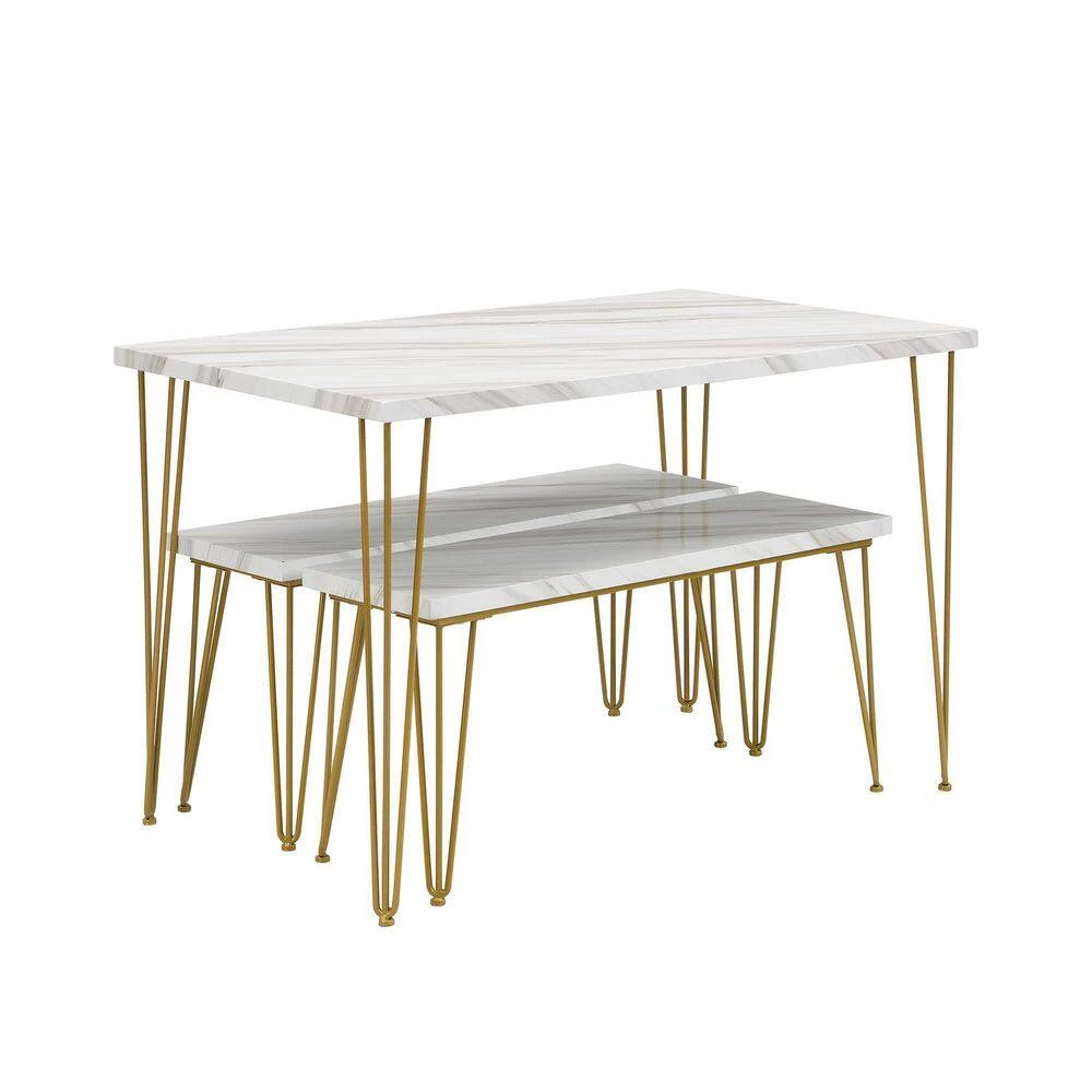 Rustic Farmhouse 3-Piece Dining Table Set Faux Marble Table Top with 2 Iron Frame Benches by Magic Home 6 Rustic Farmhouse 3-Piece Dining Table Set Faux Marble Table Top with 2 Iron Frame Benches by Magic Home - Image 4