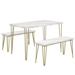 Rustic Farmhouse 3-Piece Dining Table Set Faux Marble Table Top with 2 Iron Frame Benches by Magic Home