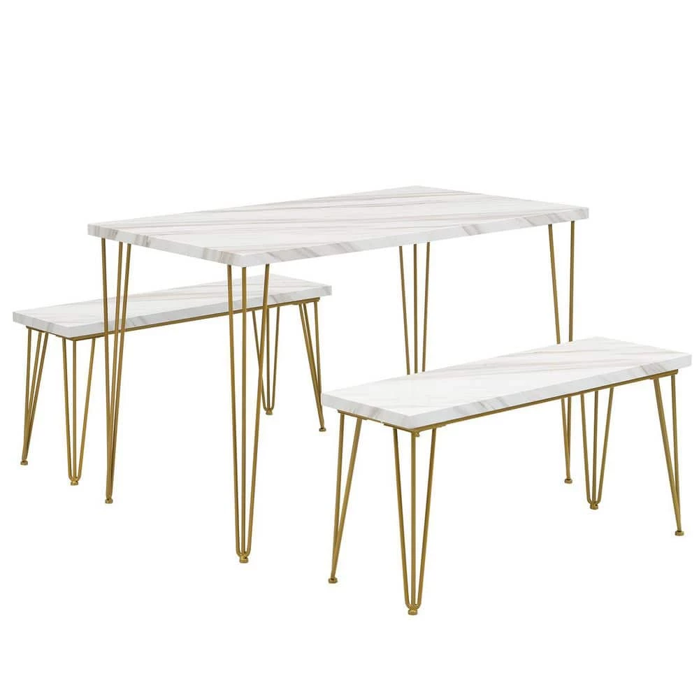 Rustic Farmhouse 3-Piece Dining Table Set Faux Marble Table Top with 2 Iron Frame Benches by Magic Home 3 Rustic Farmhouse 3-Piece Dining Table Set Faux Marble Table Top with 2 Iron Frame Benches by Magic Home