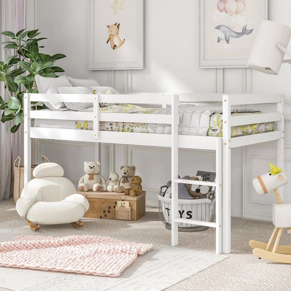 White Loft Bed Twin Size with Guard Rail Ladder and No Box Spring Needed by Magic Home 8 White Loft Bed Twin Size with Guard Rail Ladder and No Box Spring Needed by Magic Home - Image 6