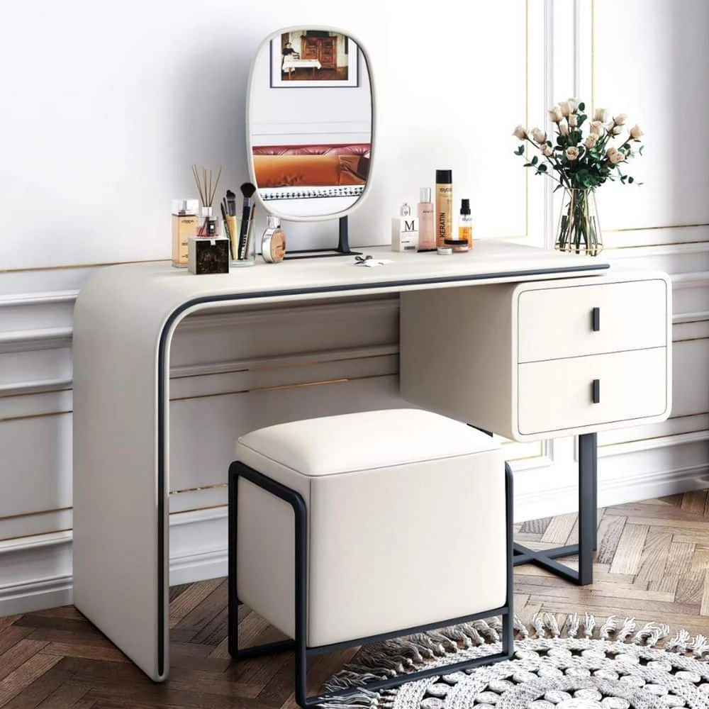 Modern Extendable Jewelry Armoire PU Leather Makeup Vanity Set with Side Cabinet, Mirror and Stool 47 x 19 x 29 in. by Magic Home 4 Modern Extendable Jewelry Armoire PU Leather Makeup Vanity Set with Side Cabinet, Mirror and Stool 47 x 19 x 29 in. by Magic Home - Image 2