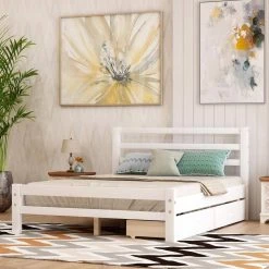 White Full Size Wood Platform Bed with 2 Drawers by Magic Home