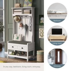 68.9 in. H White 3-in-1 Design Wood Hall Tree with 4 Hooks, 1 Shelf and 2 Storage Drawers by Tidoin -Cheap Tidoin Store white tidoin hall trees uc ydwf 3aak fa 1000