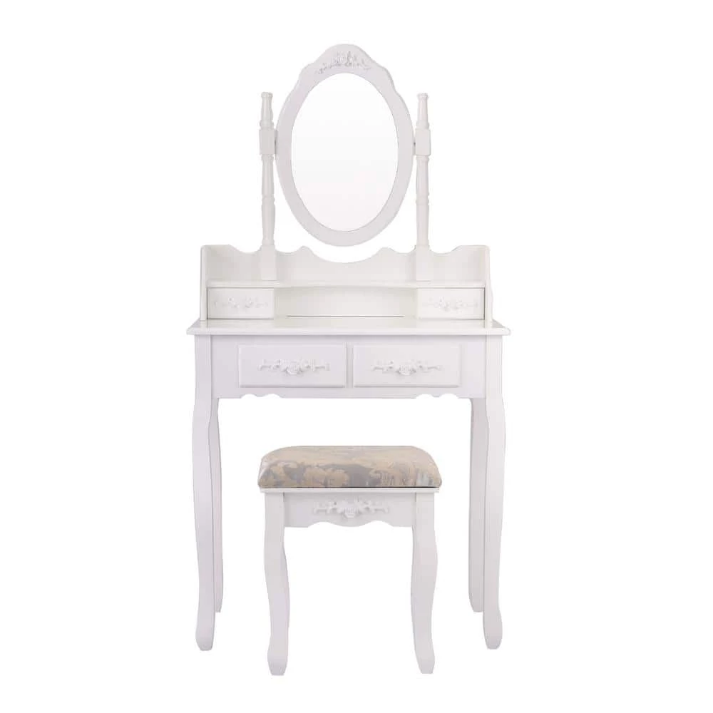 Modern 15.7 in. D x 29.5 in. W x 56.3 in. H White Wood Vanity Set with 4 Drawers, Mirror and Stool by Tidoin 3 Modern 15.7 in. D x 29.5 in. W x 56.3 in. H White Wood Vanity Set with 4 Drawers, Mirror and Stool by Tidoin
