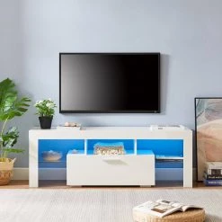 51.2 in. Wood White TV Stand with 1-Storage Door Fits TV's up to 55 in. with LED Light by Tidoin -Cheap Tidoin Store white tidoin tv stands jxy ydw6s 539 31 1000