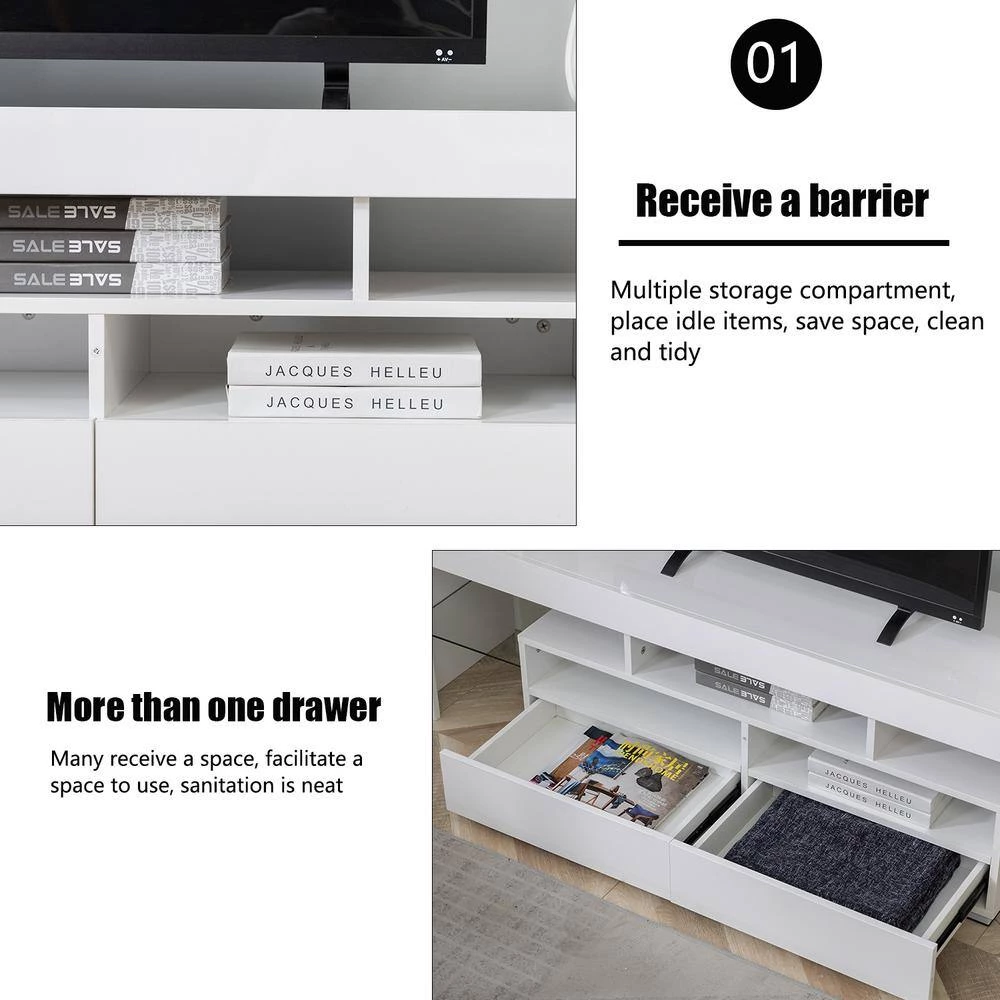 Modern 63 in. Wood White TV Stand Console Table with LED Light, 2-Drawer and 2-Shelves Fits TV's up to 65 in. by Tidoin 9 Modern 63 in. Wood White TV Stand Console Table with LED Light, 2-Drawer and 2-Shelves Fits TV's up to 65 in. by Tidoin - Image 7