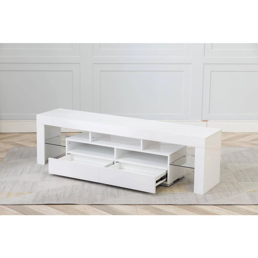 Modern 63 in. Wood White TV Stand Console Table with LED Light, 2-Drawer and 2-Shelves Fits TV's up to 65 in. by Tidoin 5 Modern 63 in. Wood White TV Stand Console Table with LED Light, 2-Drawer and 2-Shelves Fits TV's up to 65 in. by Tidoin - Image 3