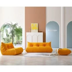 3 Pieces Bean Bag Teddy Velvet Top Thick Seat Living Room Lazy Sofa in Yellow (2 Seater + 3 Seater + Ottoman ) by Magic Home