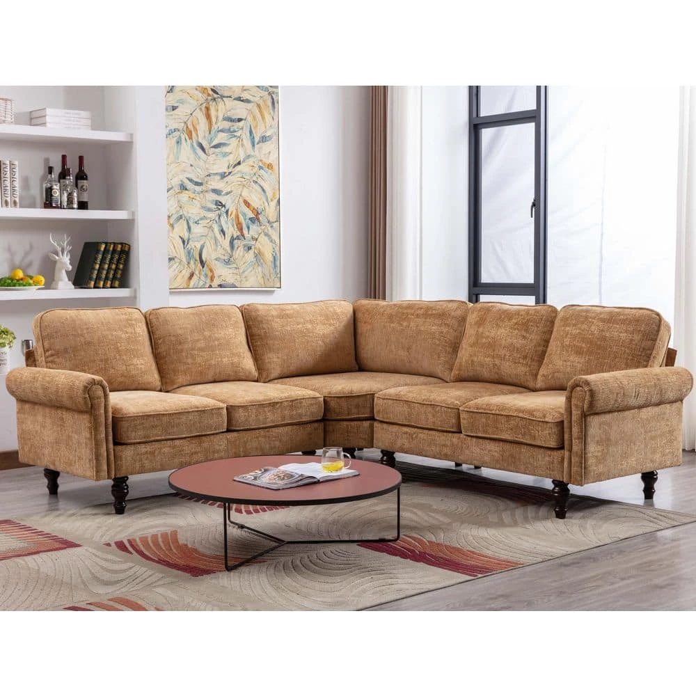 90.55 in. L Shape Chenille Fabric Comfort Sectional Sofa with Wood Legs, Yellow by Magic Home 3 90.55 in. L Shape Chenille Fabric Comfort Sectional Sofa with Wood Legs, Yellow by Magic Home