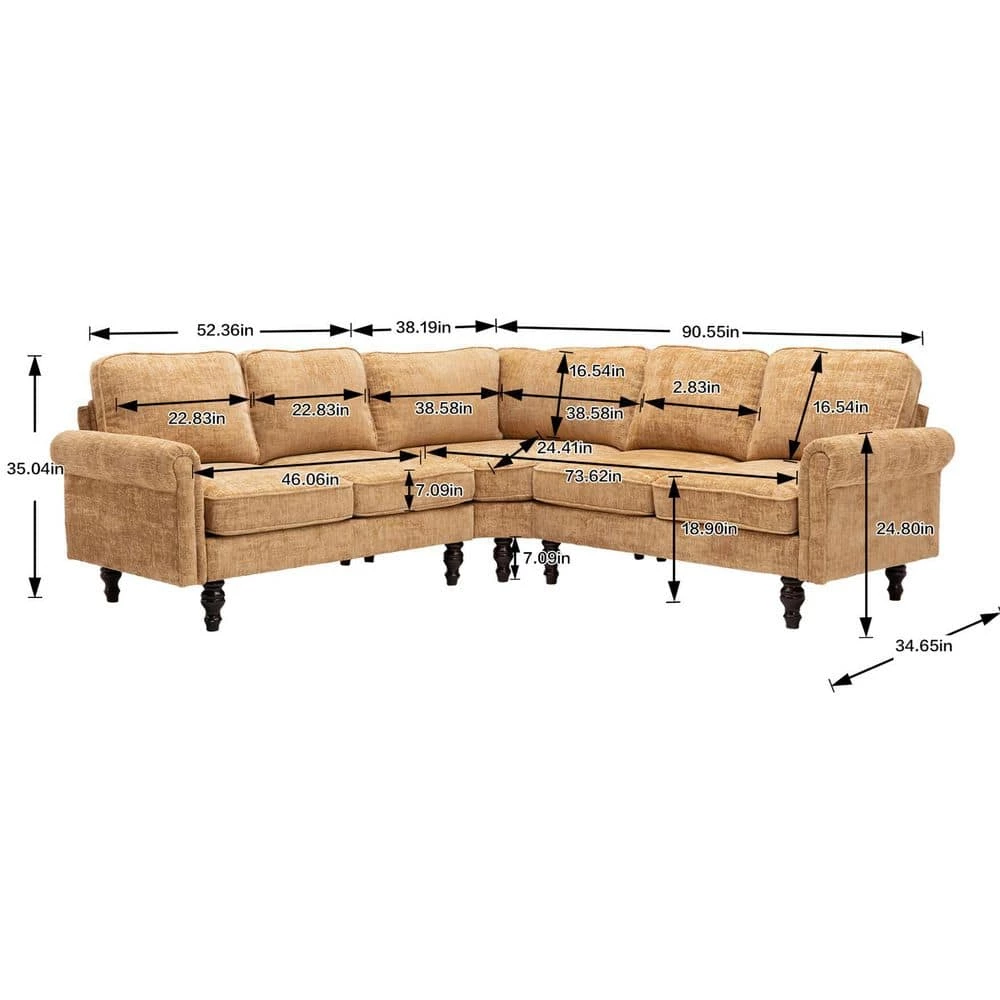 90.55 in. L Shape Chenille Fabric Comfort Sectional Sofa with Wood Legs, Yellow by Magic Home 5 90.55 in. L Shape Chenille Fabric Comfort Sectional Sofa with Wood Legs, Yellow by Magic Home - Image 3