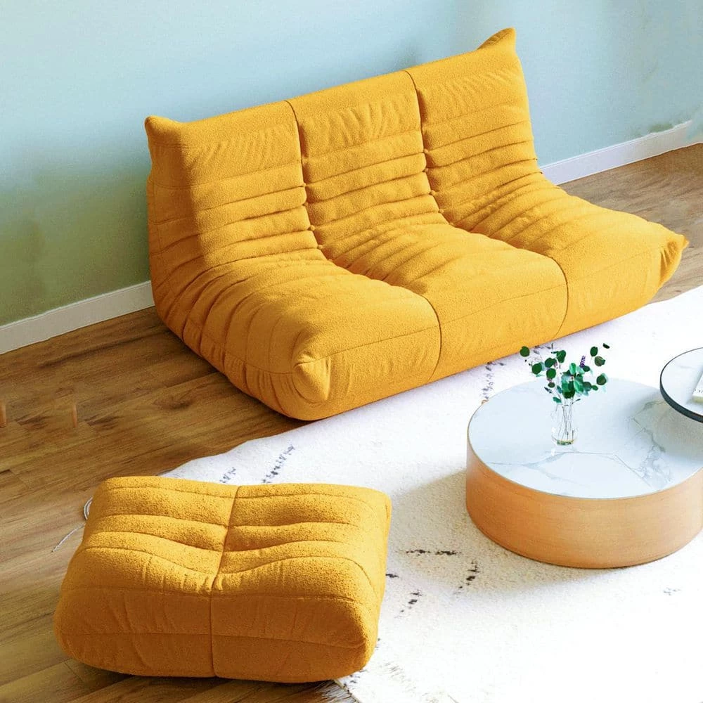 Modern Lazy Sofa Lving Room Set with Teddy Velvet 2 Seater and Ottoman,Yellow by Magic Home 4 Modern Lazy Sofa Lving Room Set with Teddy Velvet 2 Seater and Ottoman,Yellow by Magic Home - Image 2