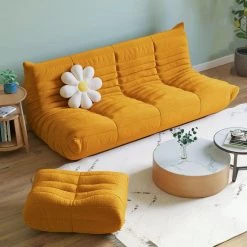 2-Piece Lazy Sofa Teddy Velvet Living Room Set with 3 Seater and Ottoman,Yellow by Magic Home